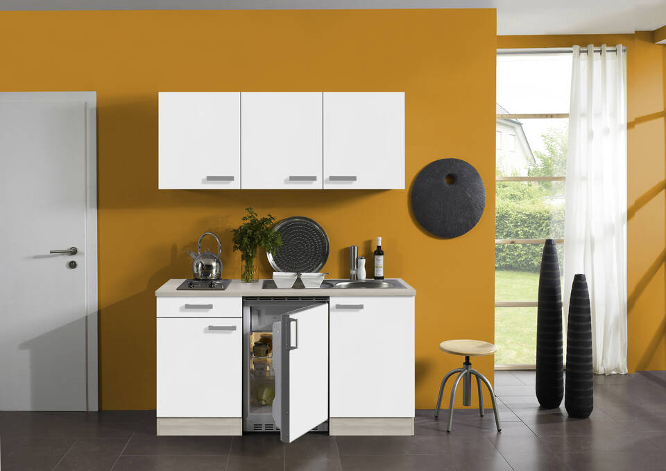 OPTIFIT Küchenzeile mit Geräten in Weiß & Akazie: 150 cm, flexibel stellbar | Miniküche "OFK15029-2-1"