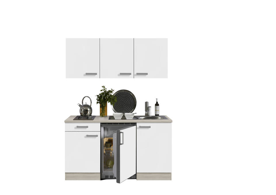 Küchenzeile "OFK15029-2-1" mit Geräten: Weiß Feinstruktur - Akazie, 150cm / Bild 2
