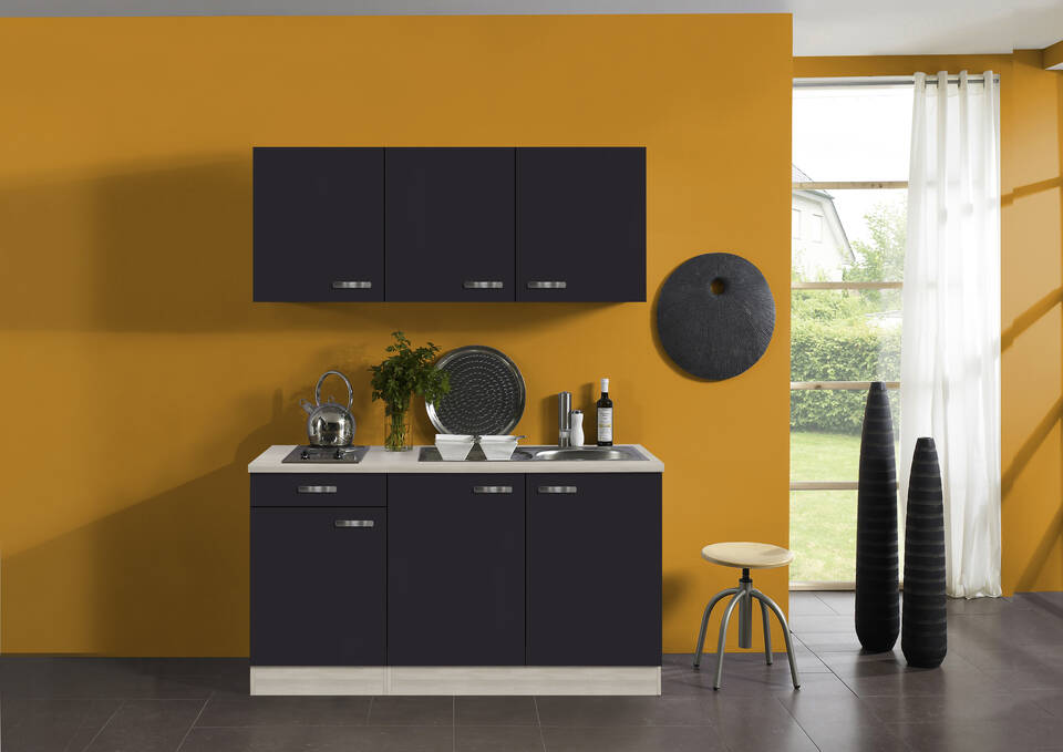 OPTIFIT Küchenzeile mit Geräten in Anthrazit & Akazie: 150 cm, flexibel stellbar | Miniküche "OFK15329-1-1" / Bild 1