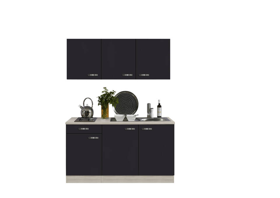 OPTIFIT Küchenzeile mit Geräten in Anthrazit & Akazie: 150 cm, flexibel stellbar | Miniküche "OFK15329-1-1"