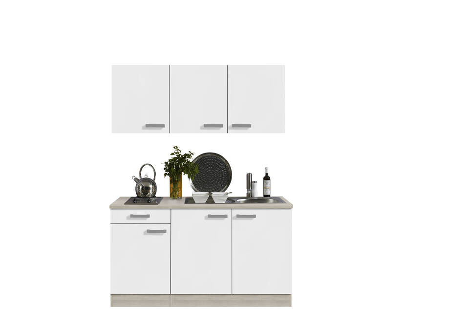 Küchenzeile "OFK15329-2-1" mit Geräten: Weiß Feinstruktur - Akazie, 150cm / Bild 2