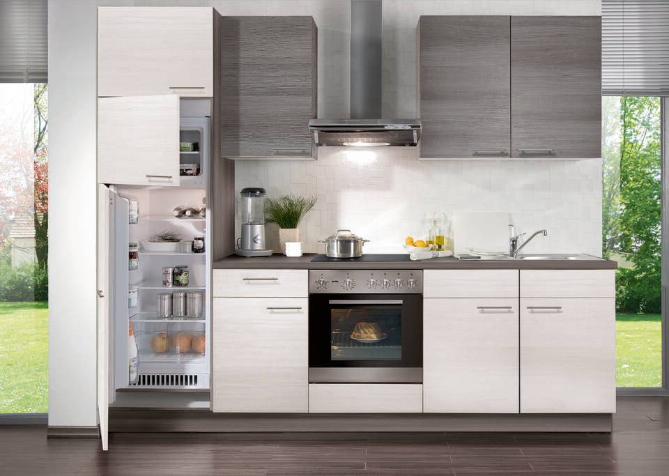 Küchenzeile "EXK710-1-1" mit Geräten: Eiche weiß - Eiche grau - Eiche grau, 270cm