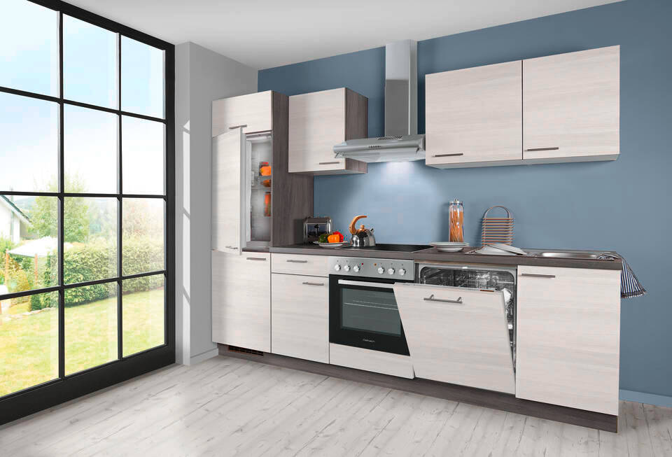 Küchenzeile "EXK720-3-1" mit Geräten: Eiche weiß - Eiche grau, 280cm