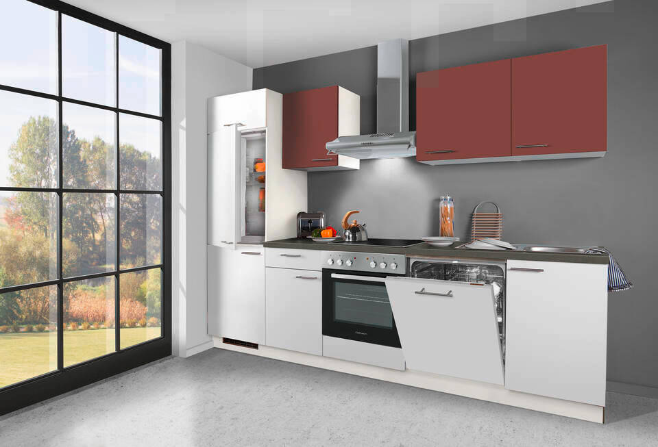 Küchenzeile "EXK720-1-1" mit Geräten: Weiß - Karminrot - Stahl dunkel, 280cm