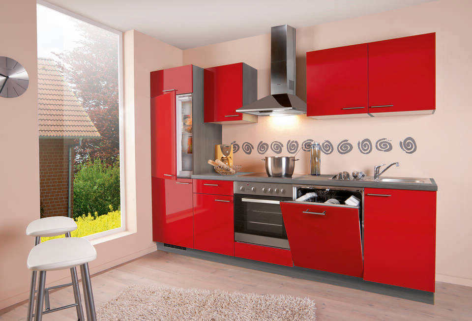 Küchenzeile "EXK730-1-1" mit Geräten: Lacklaminat Marsrot Hochglanz - Eiche grau, 280cm