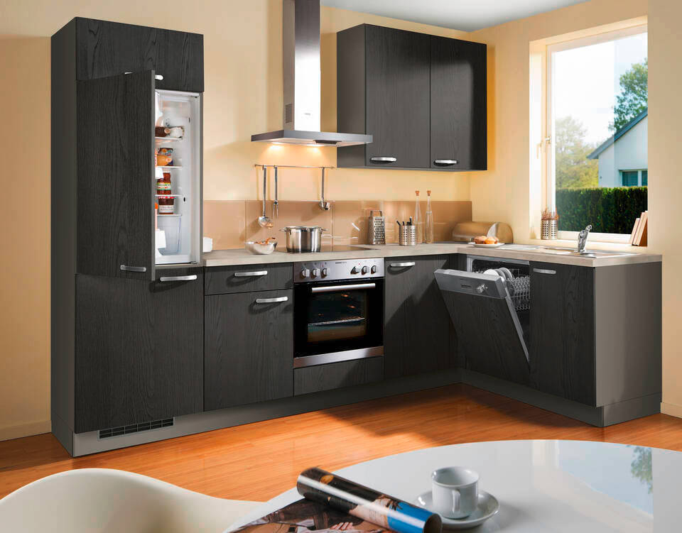 L-Küche "EXK760-1-1" mit Geräten: Esche schwarz - Zement, 460cm