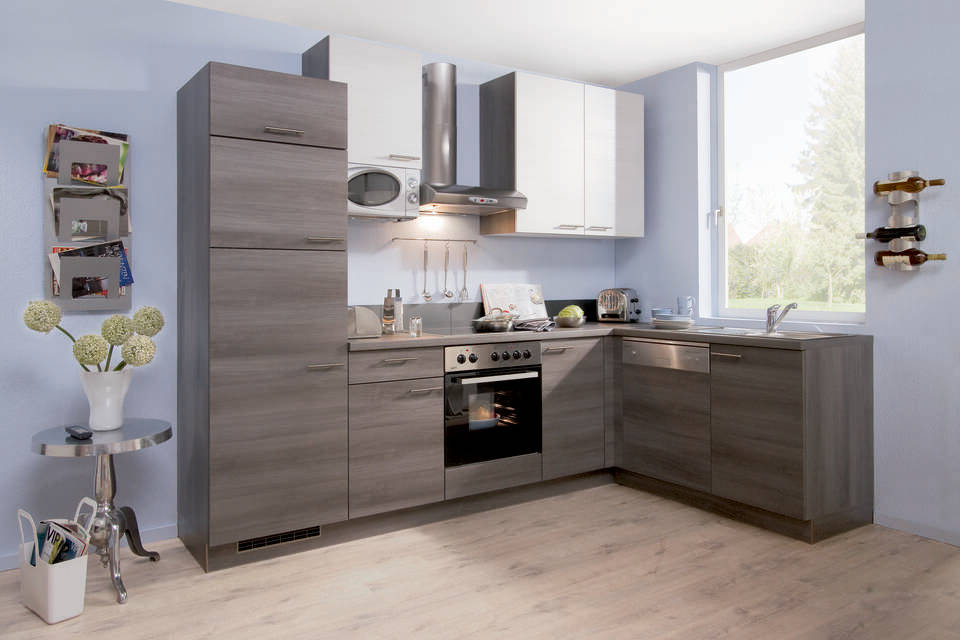 L-Küche "EXK770-1-1" mit Geräten: Eiche grau - Eiche weiß - Eiche grau, 460cm / Bild 1