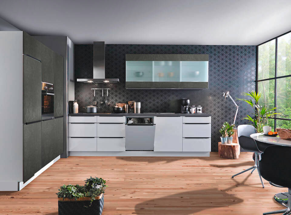 Zweizeilige Küche "EXK780-2-1" mit Geräten: Lacklaminat Weiß Hochglanz - Stahl dunkel - Stahl dunkel, 480cm