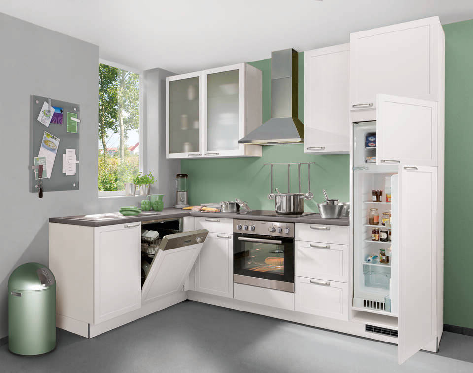 L-Küche "EXK820-1-1" mit Geräten: Rahmenfront Lacklaminat Weiß - Eiche grau, 470cm
