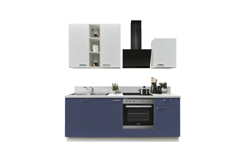 Küchenzeile "EXK840-3-1" mit Geräten: Dunkelblau - Weiß - Weiß Steinstruktur, 220cm / Bild 2
