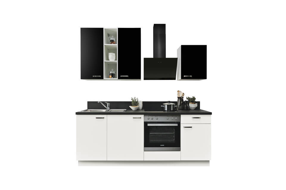 Küchenzeile "EXK840-4-1" mit Geräten: Lacklaminat Weiß - Lacklaminat Schwarz - Schwarz Steinstruktur, 220cm / Bild 2