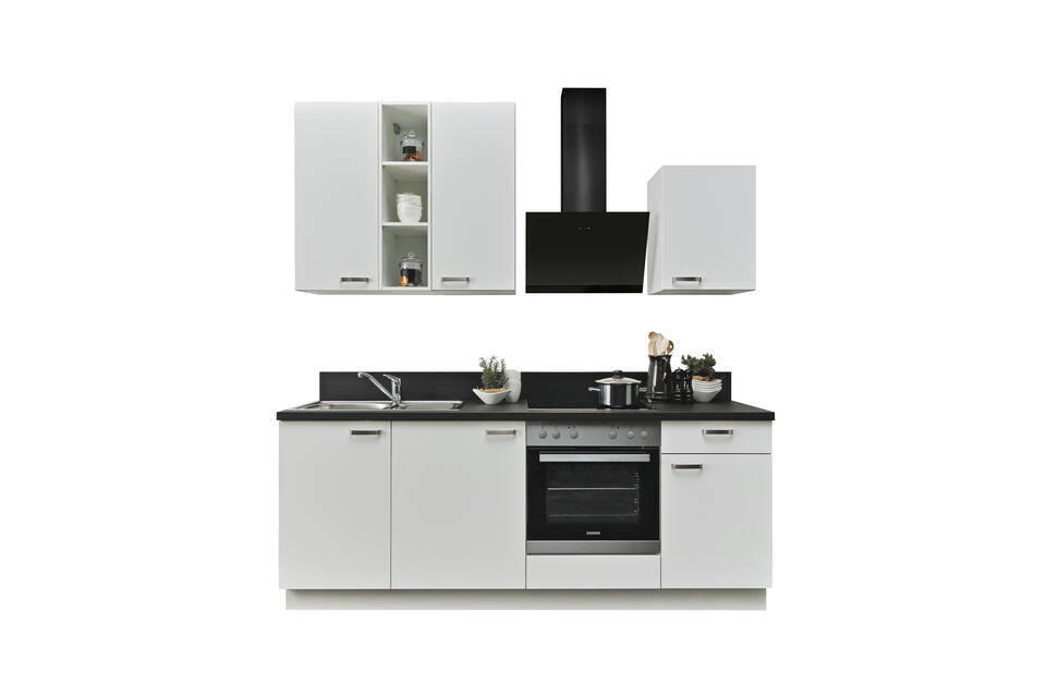 Küchenzeile "EXK840-1-1" mit Geräten: Weiß - Schwarz Steinstruktur, 220cm / Bild 2
