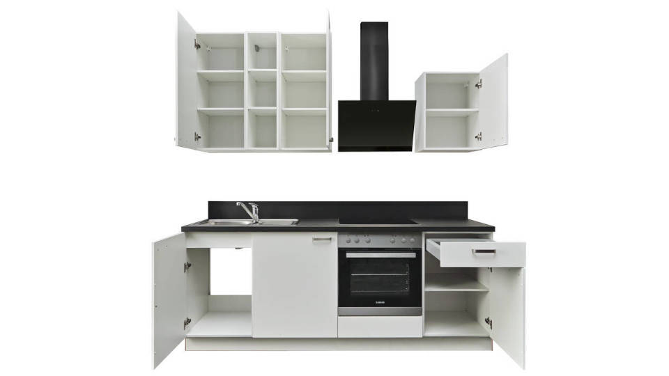 Küchenzeile "EXK840-1-1" mit Geräten: Weiß - Schwarz Steinstruktur, 220cm / Bild 3