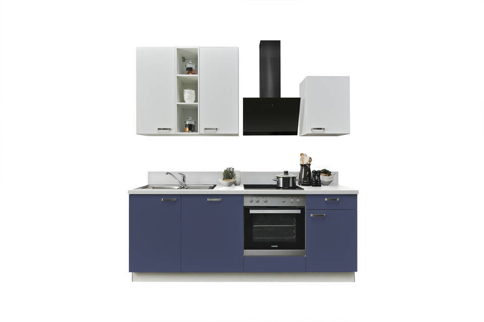Küchenzeile "EXK850-3-1" mit Geräten: Dunkelblau - Weiß - Weiß Steinstruktur, 220cm / Bild 2