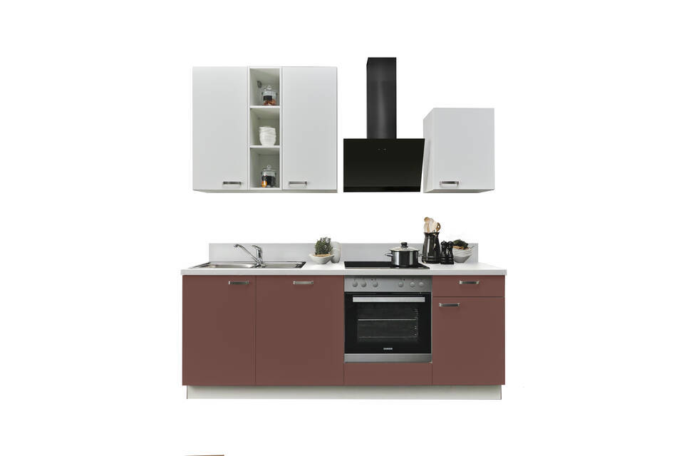 Küchenzeile "EXK850-2-1" mit Geräten: Karminrot - Weiß - Weiß Steinstruktur, 220cm / Bild 2