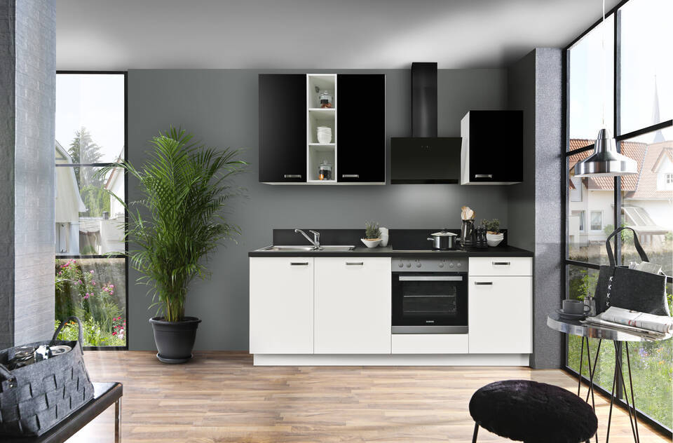 Küchenzeile "EXK850-4-1" mit Geräten: Lacklaminat Weiß - Lacklaminat Schwarz - Schwarz Steinstruktur, 220cm / Bild 1