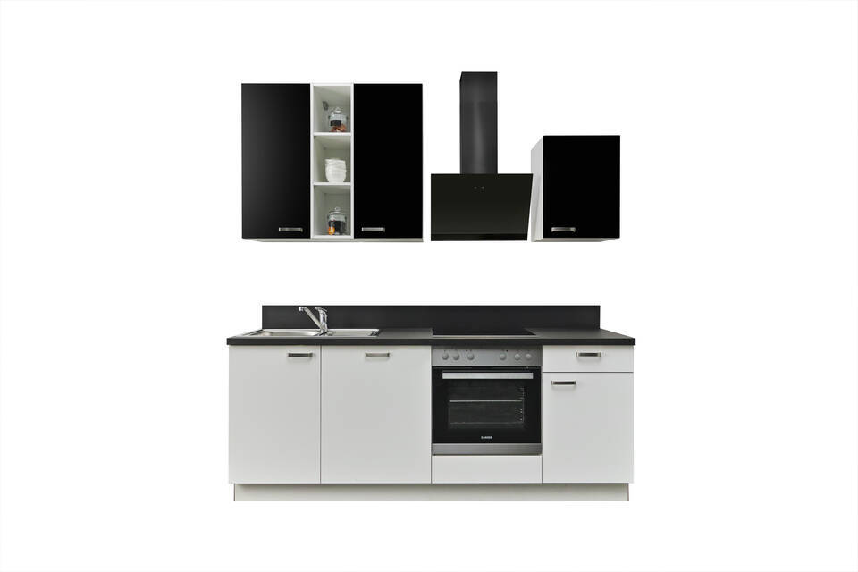Küchenzeile "EXK850-4-1" mit Geräten: Lacklaminat Weiß - Lacklaminat Schwarz - Schwarz Steinstruktur, 220cm / Bild 2