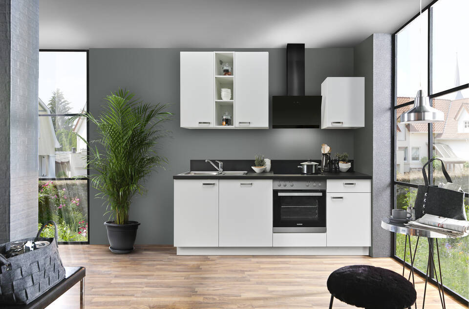 Küchenzeile "EXK850-1-1" mit Geräten: Weiß - Schwarz Steinstruktur, 220cm / Bild 1