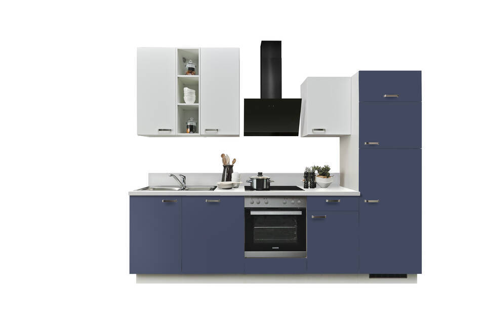 Küchenzeile "EXK860-3-1" mit Geräten: Dunkelblau - Weiß - Weiß Steinstruktur, 280cm / Bild 2