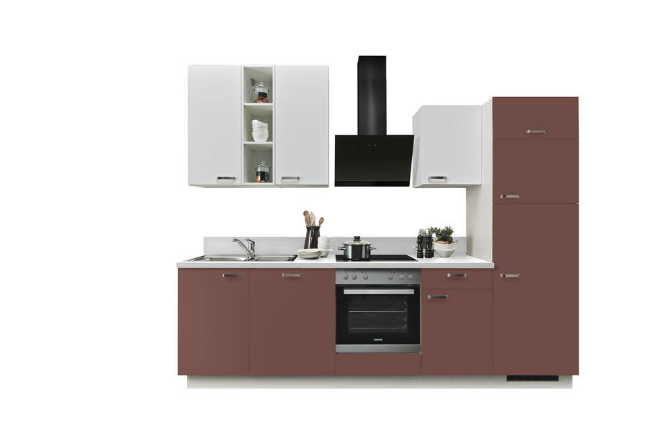 Küchenzeile "EXK860-2-1" mit Geräten: Karminrot - Weiß - Weiß Steinstruktur, 280cm / Bild 2