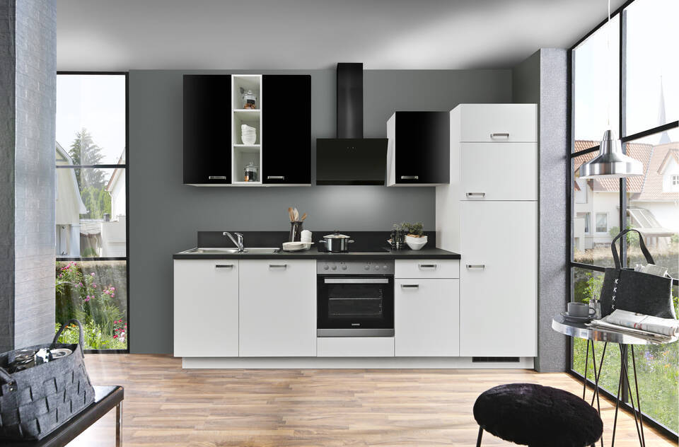 Küchenzeile "EXK860-4-1" mit Geräten: Lacklaminat Weiß - Lacklaminat Schwarz - Schwarz Steinstruktur, 280cm / Bild 1