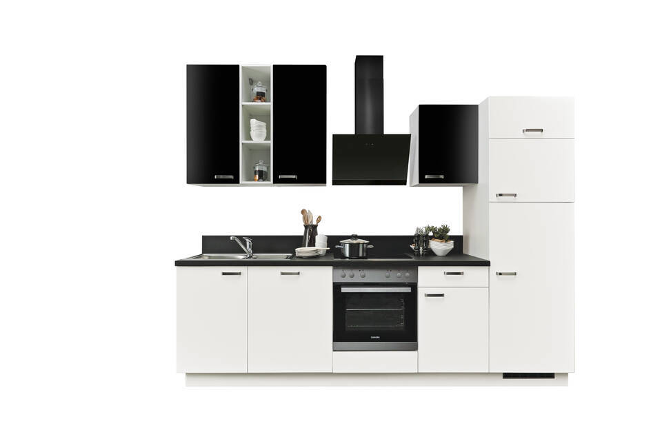 Küchenzeile "EXK860-4-1" mit Geräten: Lacklaminat Weiß - Lacklaminat Schwarz - Schwarz Steinstruktur, 280cm / Bild 2