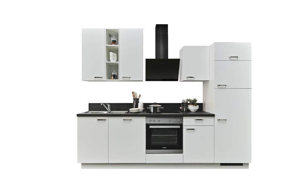 Küchenzeile "EXK860-1-1" mit Geräten: Weiß - Schwarz Steinstruktur, 280cm / Bild 2