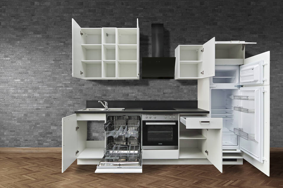 Küchenzeile "EXK860-1-1" mit Geräten: Weiß - Schwarz Steinstruktur, 280cm / Bild 4