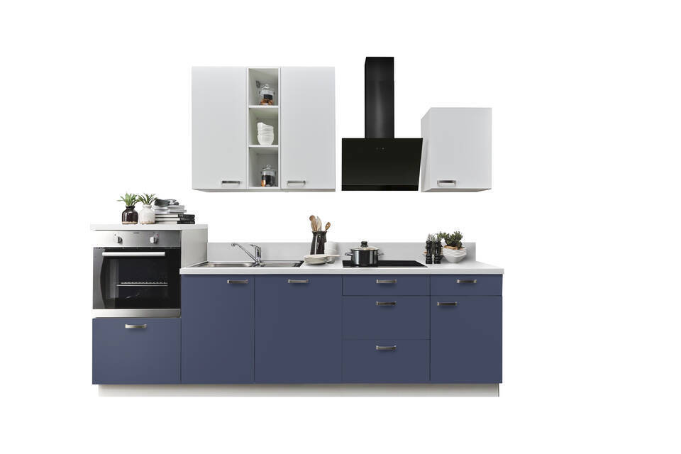 Küchenzeile "EXK870-3-1" mit Geräten: Dunkelblau - Weiß - Weiß Steinstruktur, 280cm / Bild 2