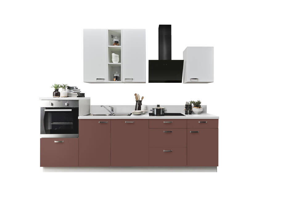 Küchenzeile "EXK870-2-1" mit Geräten: Karminrot - Weiß - Weiß Steinstruktur, 280cm / Bild 2