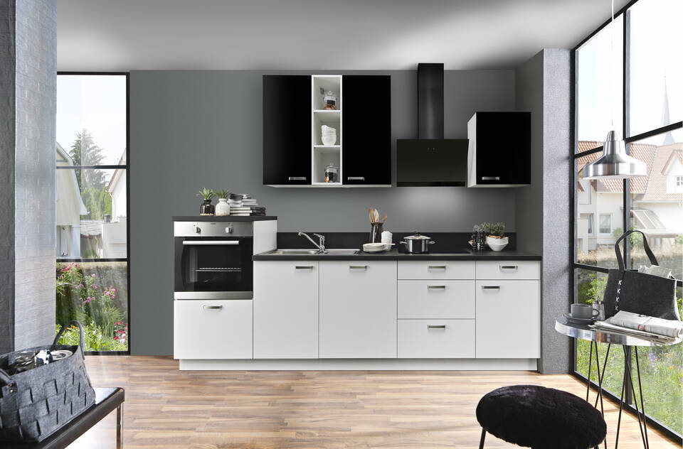 Küchenzeile "EXK870-4-1" mit Geräten: Lacklaminat Weiß - Lacklaminat Schwarz - Schwarz Steinstruktur, 280cm / Bild 1