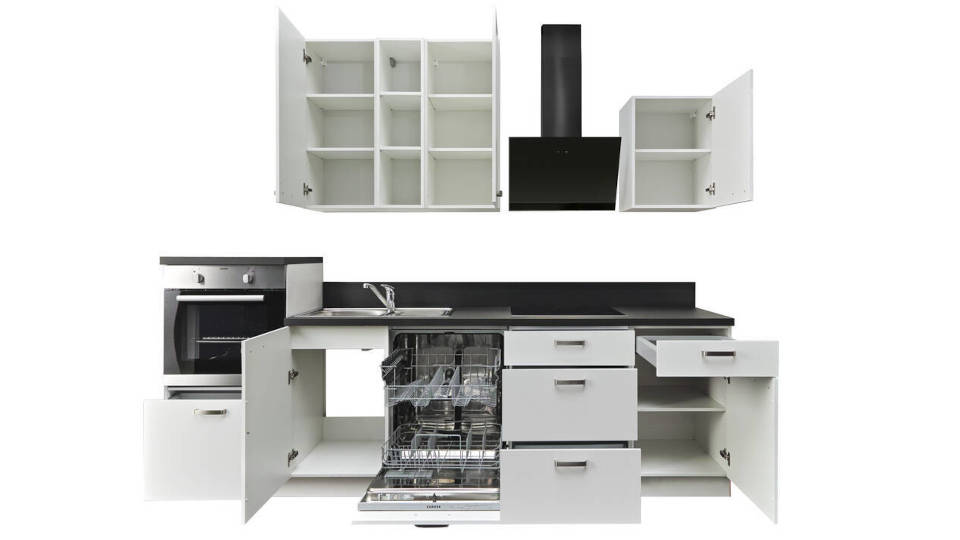 Küchenzeile "EXK870-1-1" mit Geräten: Weiß - Schwarz Steinstruktur, 280cm / Bild 2