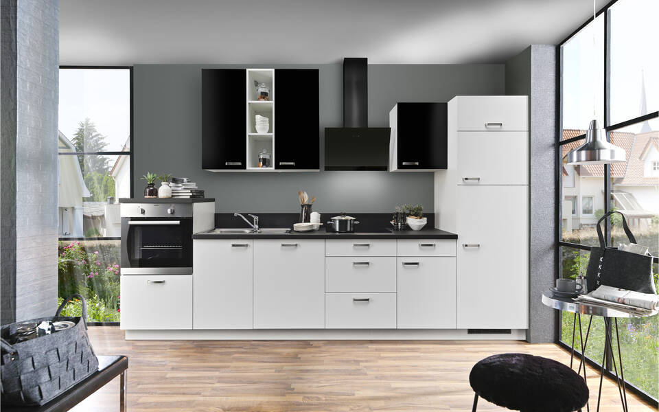 Küchenzeile "EXK880-4-1" mit Geräten: Lacklaminat Weiß - Lacklaminat Schwarz - Schwarz Steinstruktur, 340cm / Bild 1