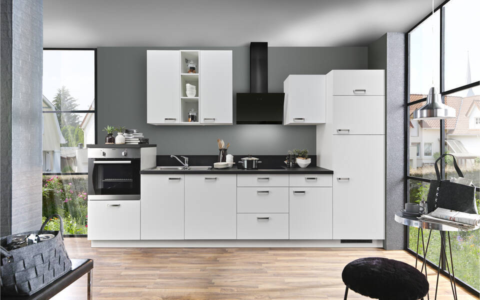 Küchenzeile "EXK880-1-1" mit Geräten: Weiß - Schwarz Steinstruktur, 340cm / Bild 1