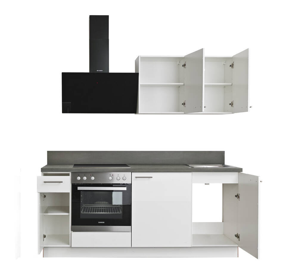 Küchenzeile "EXK890-5-1" mit Geräten: Lacklaminat Weiß Hochglanz - Stahl dunkel, 200cm / Bild 3