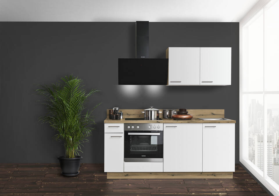 Küchenzeile "EXK890-4-1" mit Geräten: Lacklaminat Weiß - Eiche astig, 200cm / Bild 1