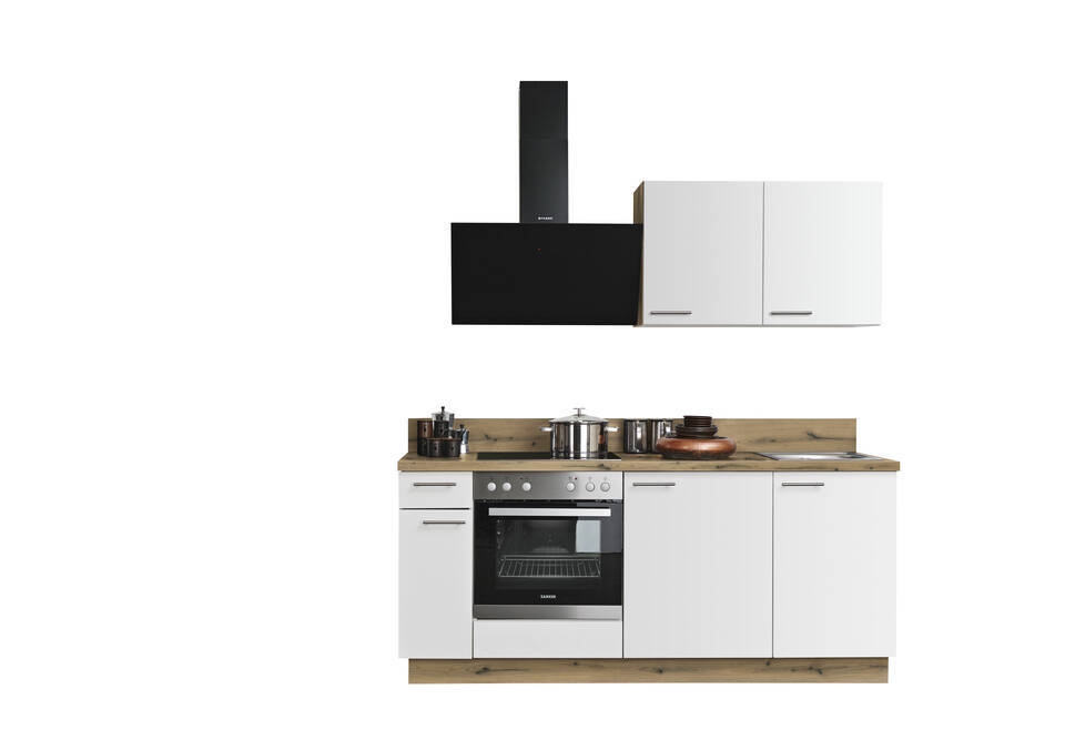 Küchenzeile "EXK890-4-1" mit Geräten: Lacklaminat Weiß - Eiche astig, 200cm / Bild 2