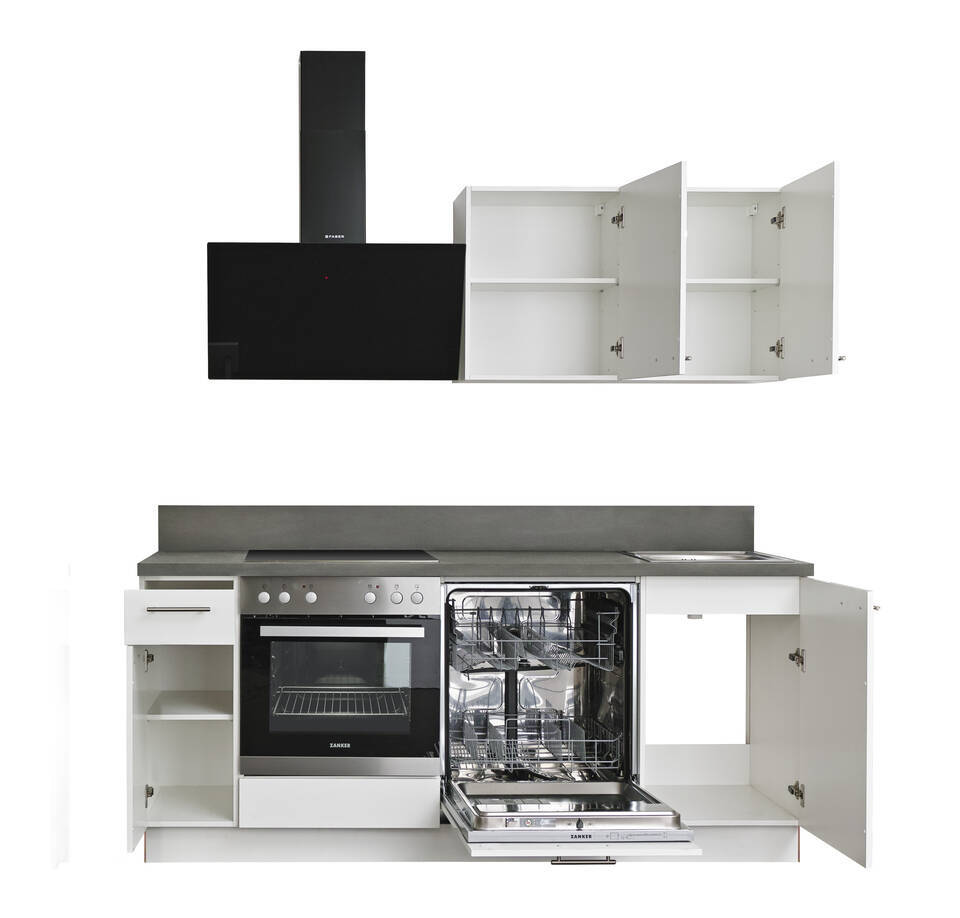 Küchenzeile "EXK900-5-1" mit Geräten: Lacklaminat Weiß Hochglanz - Stahl dunkel, 200cm / Bild 3