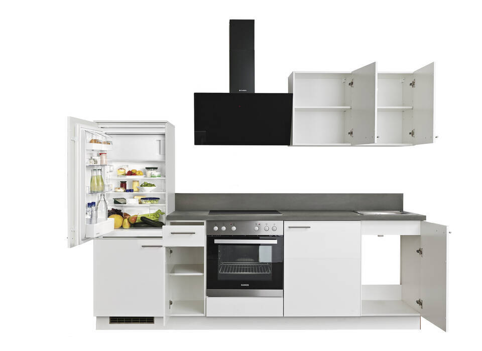 Küchenzeile "EXK910-5-1" mit Geräten: Lacklaminat Weiß Hochglanz - Stahl dunkel, 260cm / Bild 3