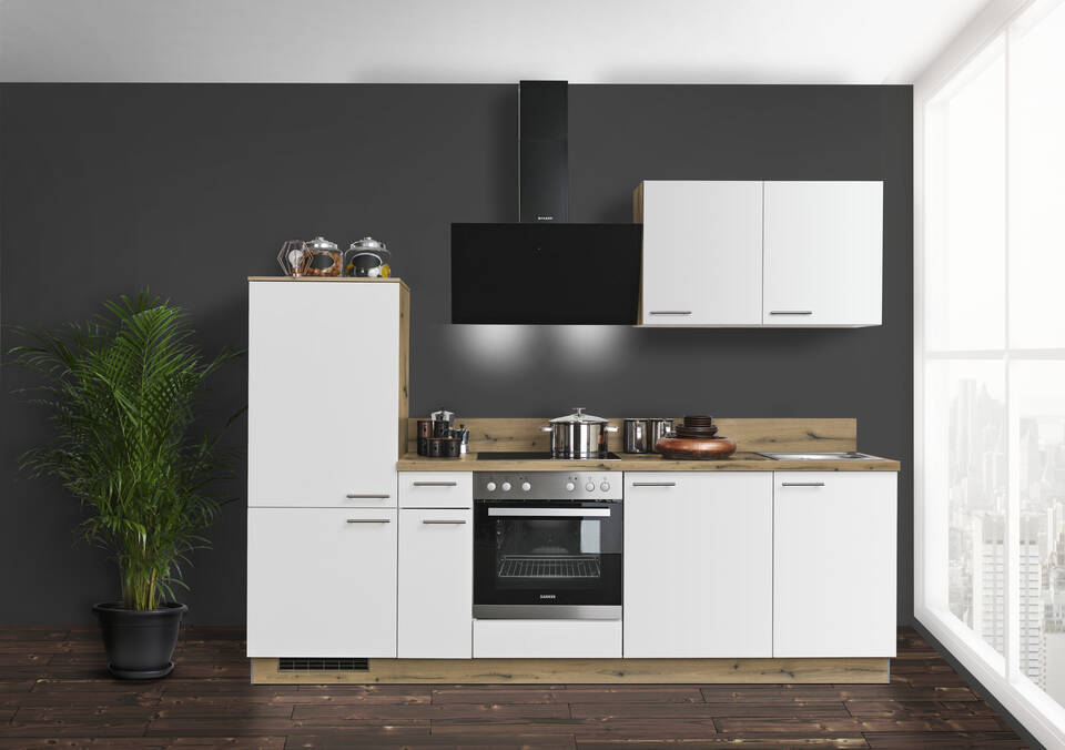 Küchenzeile "EXK910-4-1" mit Geräten: Lacklaminat Weiß - Eiche astig, 260cm / Bild 1
