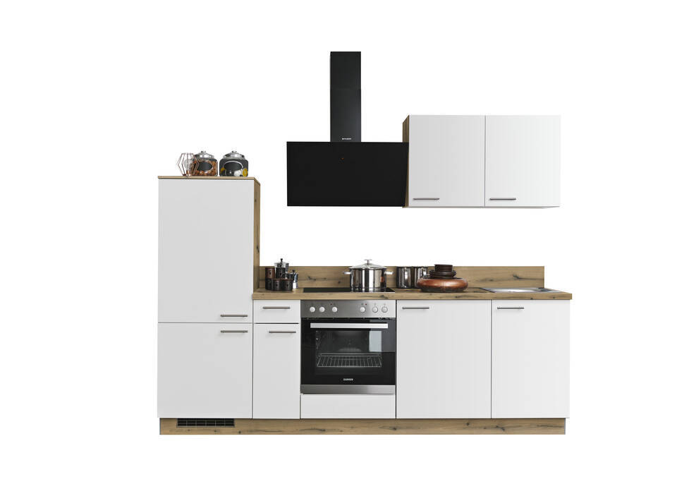 Küchenzeile "EXK910-4-1" mit Geräten: Lacklaminat Weiß - Eiche astig, 260cm / Bild 2