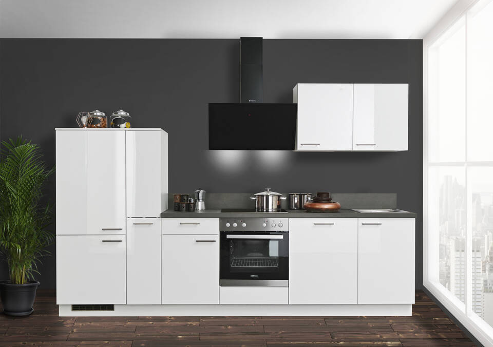 Küchenzeile "EXK930-5-1" mit Geräten: Lacklaminat Weiß Hochglanz - Stahl dunkel, 310cm / Bild 1
