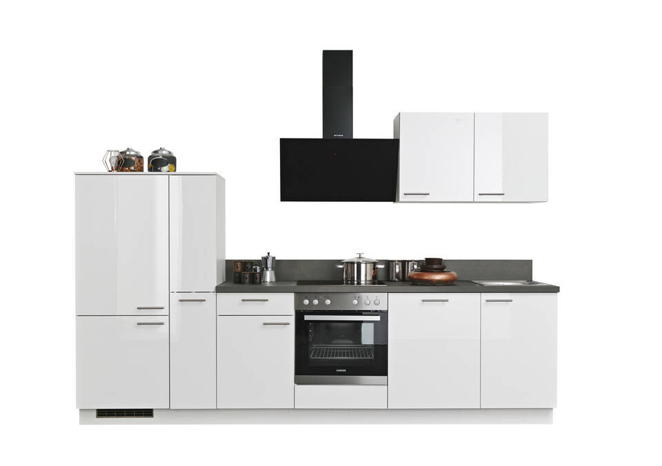Küchenzeile "EXK930-5-1" mit Geräten: Lacklaminat Weiß Hochglanz - Stahl dunkel, 310cm / Bild 2