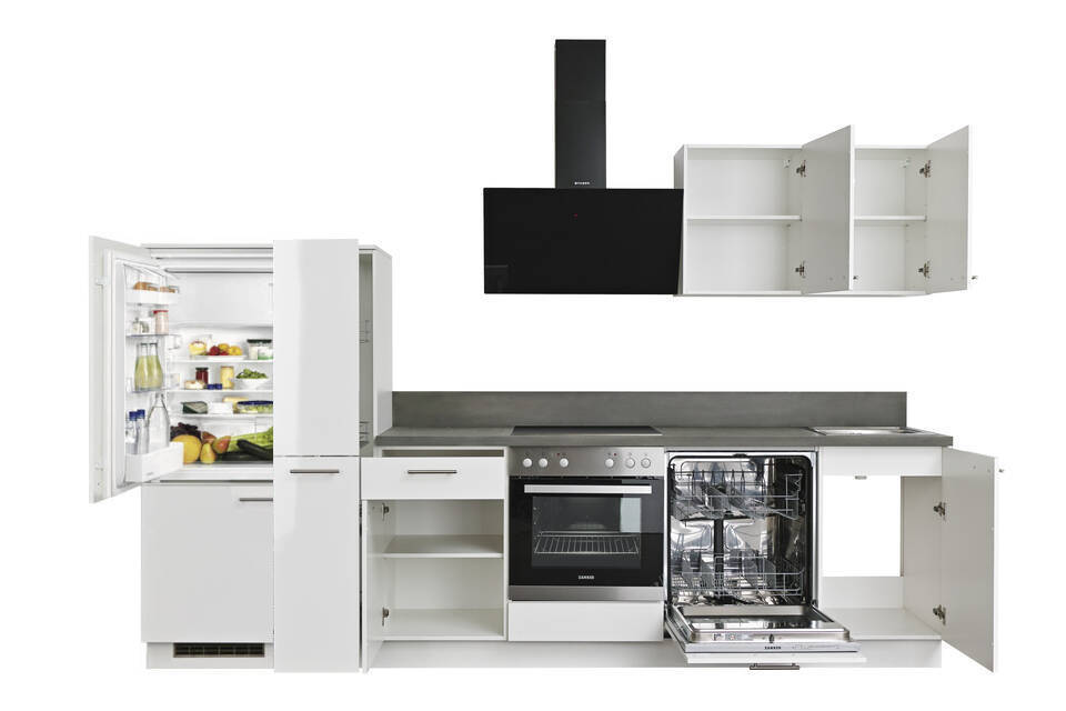 Küchenzeile "EXK930-5-1" mit Geräten: Lacklaminat Weiß Hochglanz - Stahl dunkel, 310cm / Bild 3