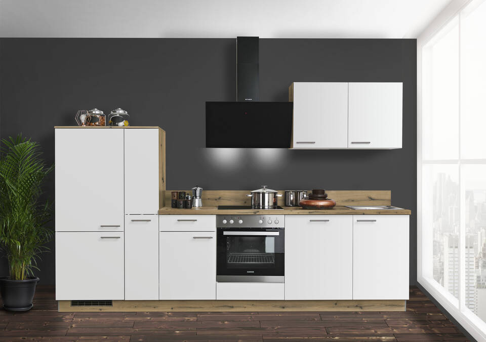 Küchenzeile "EXK930-4-1" mit Geräten: Lacklaminat Weiß - Eiche astig, 310cm / Bild 1