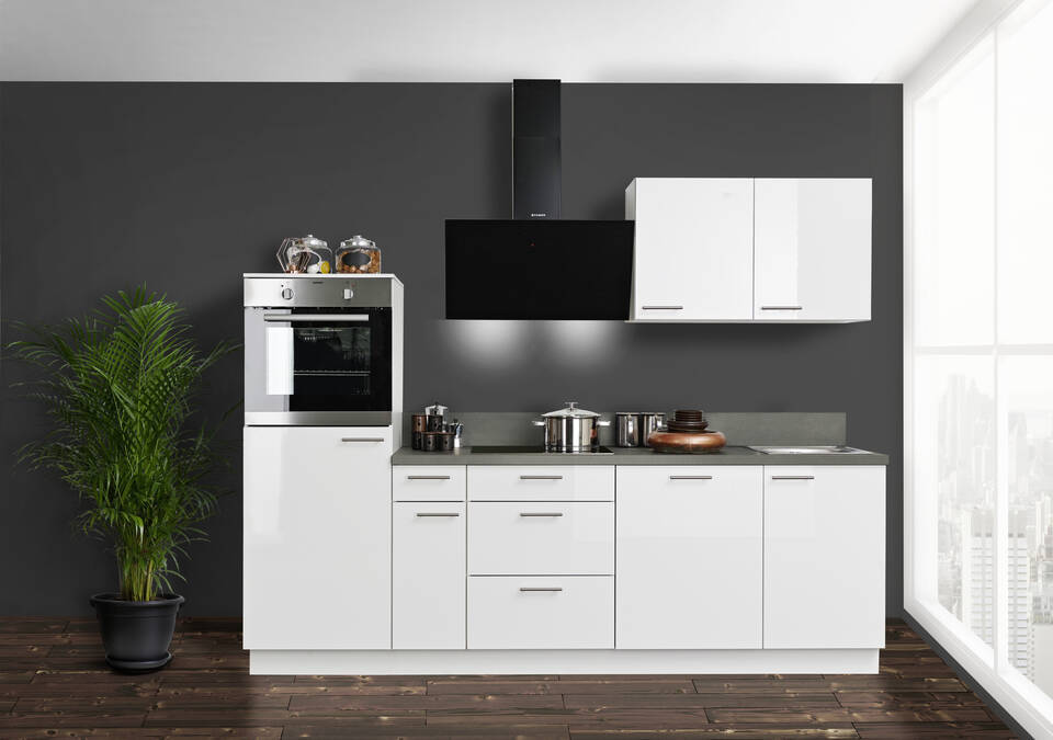 Küchenzeile "EXK940-5-1" mit Geräten: Lacklaminat Weiß Hochglanz - Stahl dunkel, 260cm / Bild 1