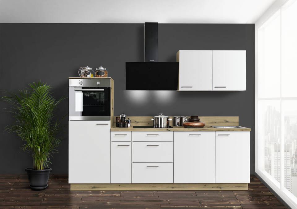 Küchenzeile "EXK940-4-1" mit Geräten: Lacklaminat Weiß - Eiche astig, 260cm / Bild 1