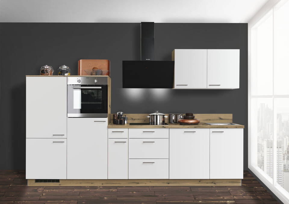Küchenzeile "EXK950-4-1" mit Geräten: Lacklaminat Weiß - Eiche astig, 320cm / Bild 1