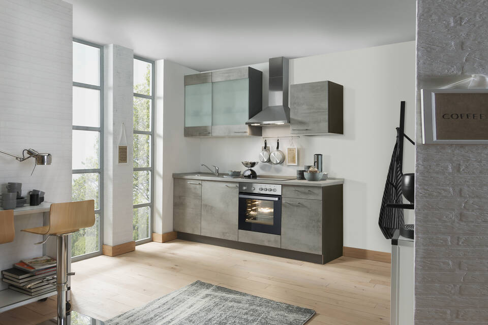 Küchenzeile "EXK960-3-1" mit Geräten: Beton hell - Beton hell, 220cm / Bild 1
