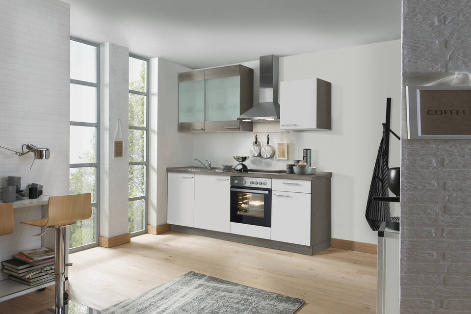 Küchenzeile "EXK960-1-1" mit Geräten: Weiß - Eiche grau - Eiche grau, 220cm / Bild 1